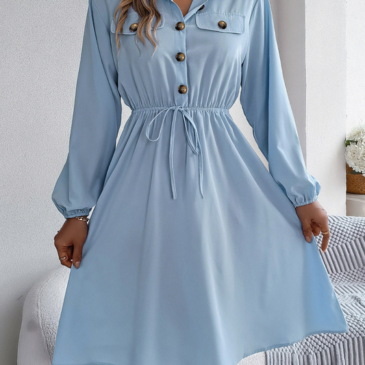 Collared Neck Long Sleeve Dress with Pockets