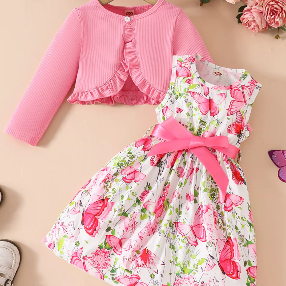Children's Butterfly Print Sleeveless Dress with Cardigan Set