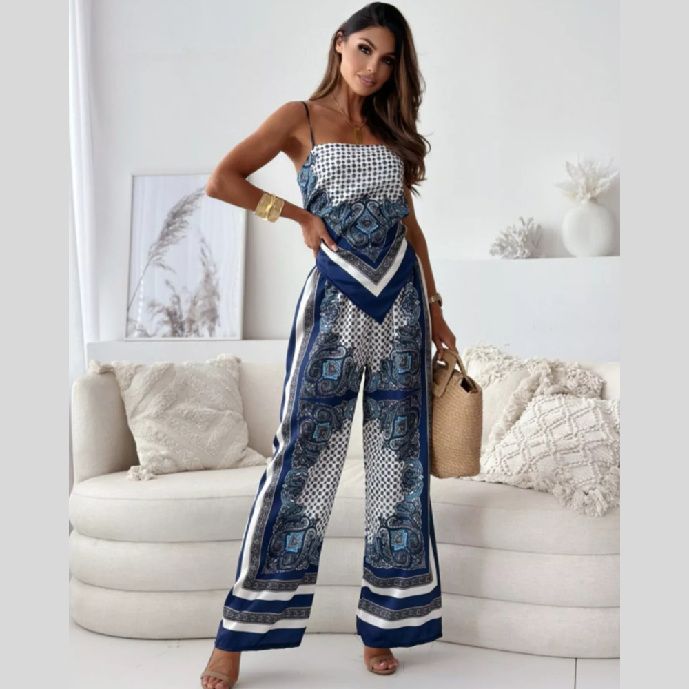 Printed Cami and Flared Leg Pants Set