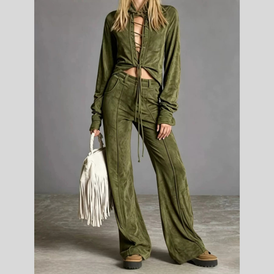 Full Size Lace-Up Long Sleeve Top and Wide-Leg Pants Set Plus Size