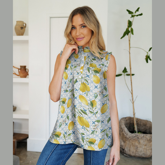 FAM-FAM Frill Printed Mock Neck Top