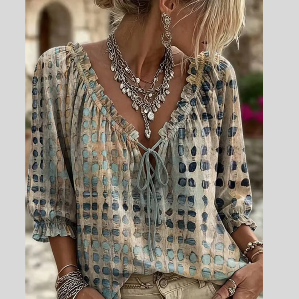 Full Size Tie Neck 3/4 Sleeve Blouse Plus Size