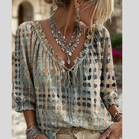 Full Size Tie Neck 3/4 Sleeve Blouse Plus Size