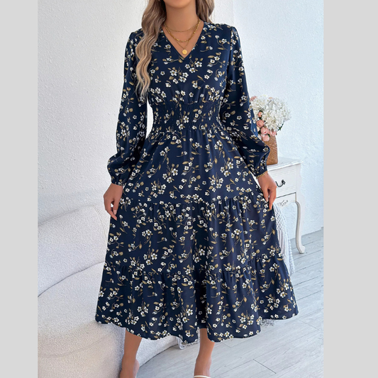 Floral Print Long Sleeve V-Neck Midi Dress