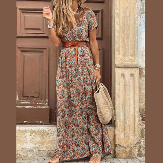 Full Size Printed V-Neck Short Sleeve Maxi Dress Plus Size