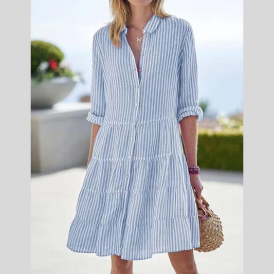 Ins Striped Long-sleeved Shirt Dress Fashion Lapel Button Dresses For Women