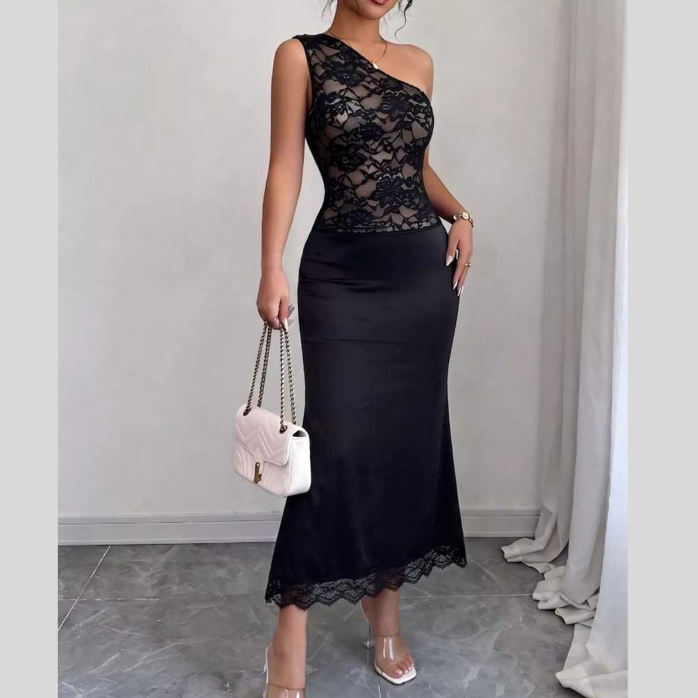 One-Shoulder Lace Trimmed Midi Dress