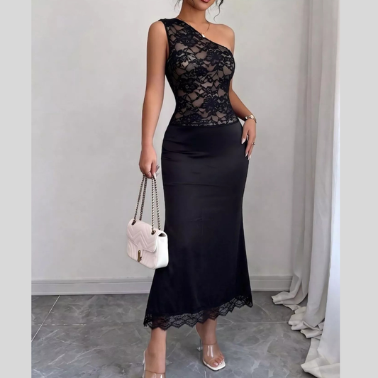 One-Shoulder Lace Trimmed Midi Dress