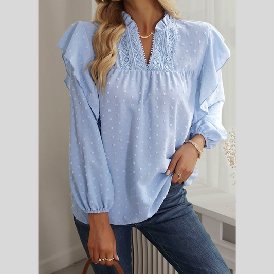 Swiss Dot Ruffled Long Sleeve Blouse