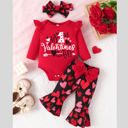 Children's Letter Ruffled Trim Bodysuit and Pants Set with Headband