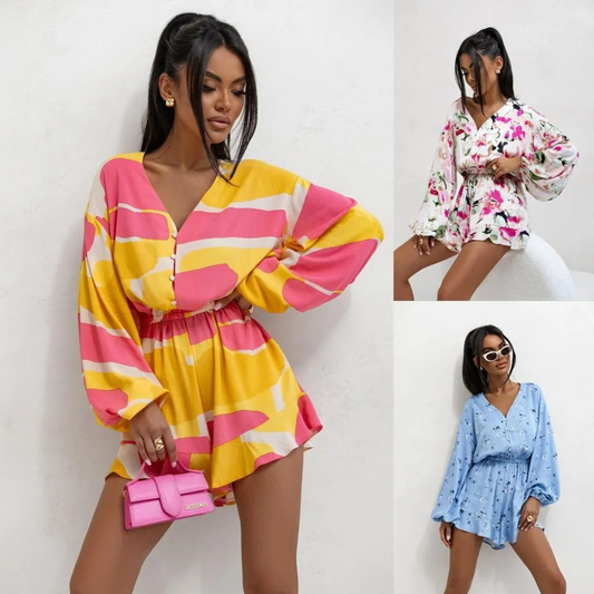 Printed V-neck Long Sleeve Jumpsuit