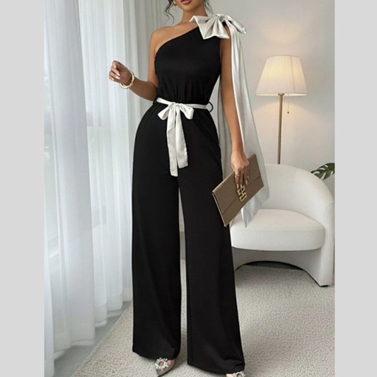 One-Shoulder Bowknot Wide Leg Jumpsuit