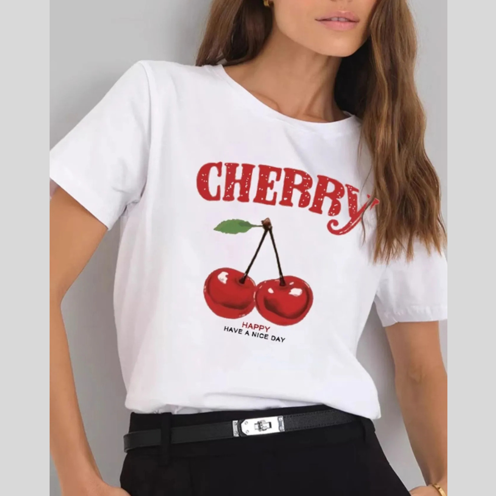 Plus Size Cherry Graphic Round Neck Short Sleeve T-Shirt