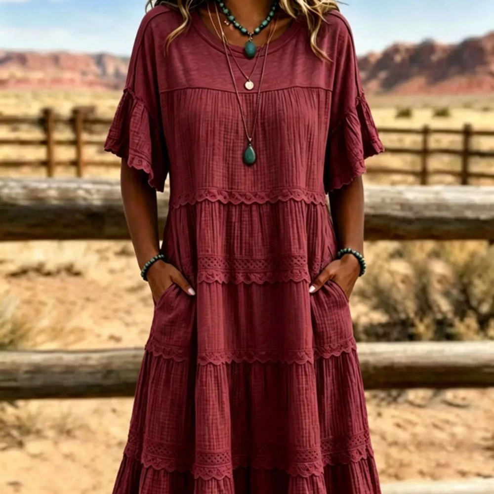 Full Size Tiered Ruffle Sleeve Midi Dress with Pockets Plus Size