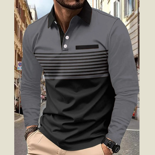 Men's Full Size Collared Neck Long Sleeve Striped Polo Plus Size