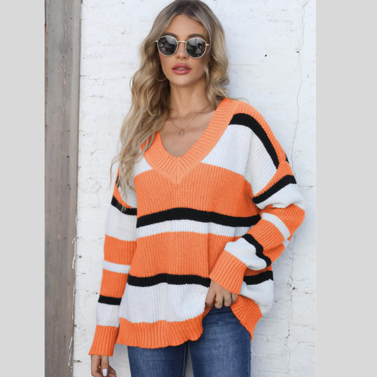 Color Block V-Neck Dropped Shoulder Sweater