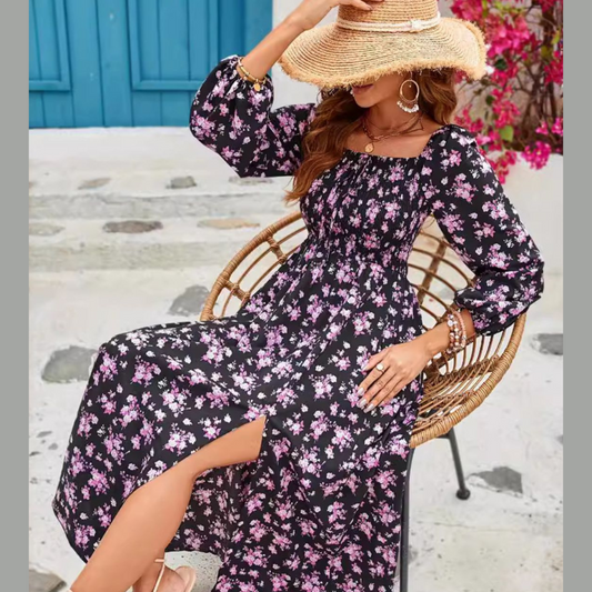 Slit Smocked Floral Square Neck Balloon Sleeve Midi Dress