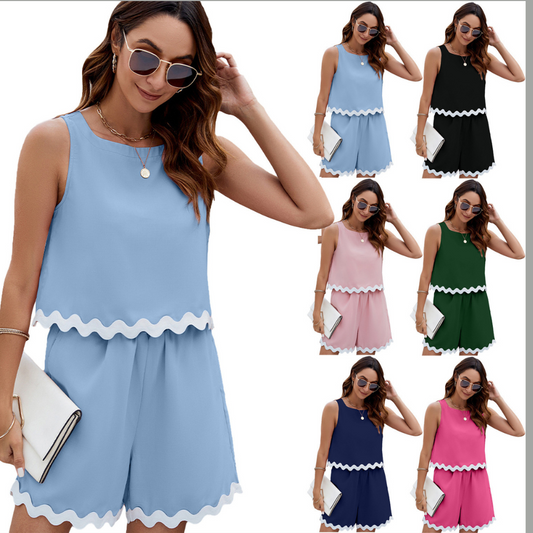 Patchwork Round Neck Sleeveless Tank Top Shorts Suit
