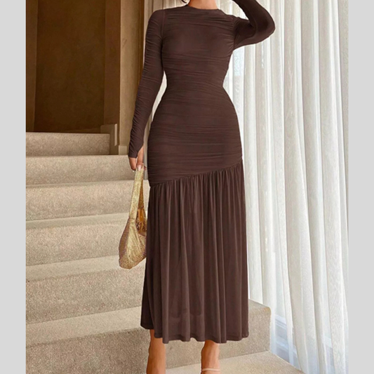 Ruched Long Sleeve Bodycon Midi Dress