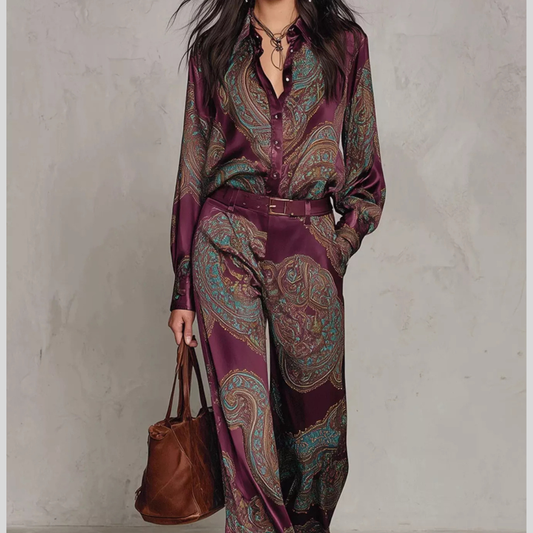 Paisley Print Long Sleeve Shirt and Wide-Leg Pants Set