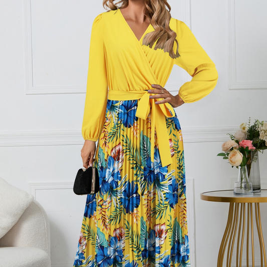 Pleated Printed Surplice Long Sleeve Dress