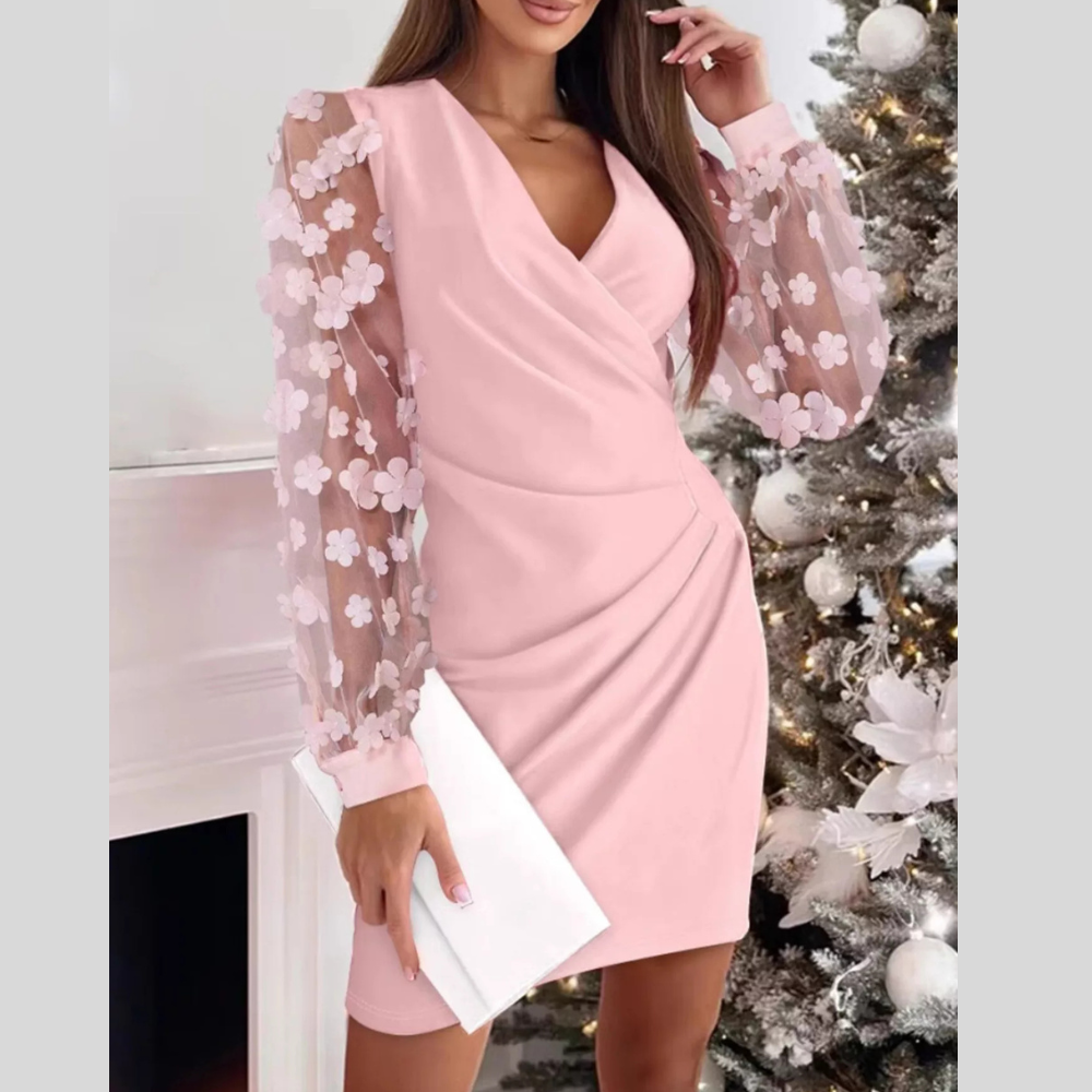 Floral Applique Mesh Sleeve Bodycon Dress