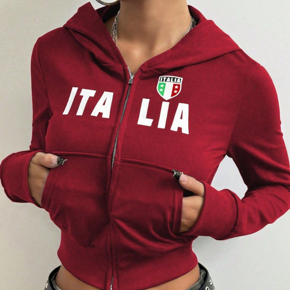 Letter Graphic Zip Up Long Sleeve Hoodie