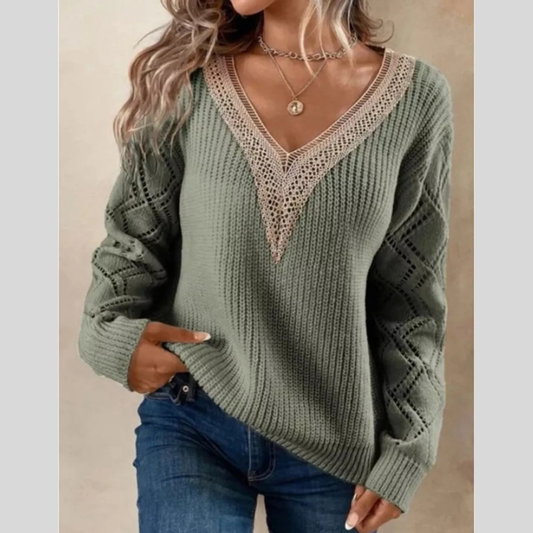 Openwork V-Neck Long Sleeve Sweater