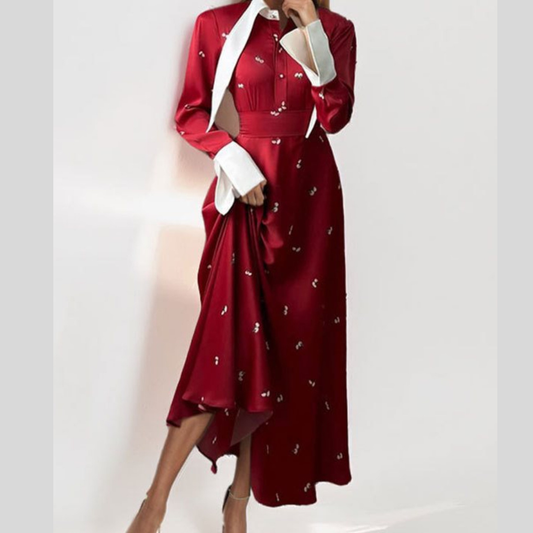 Full Size Contrast Collar Long Sleeve Midi Dress Plus Size
