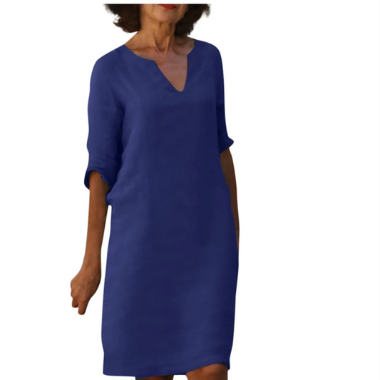 Cotton And Linen V-neck Dress Summer Stitching Retro High Waist Pure Color Dresses