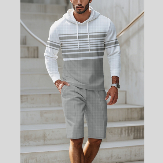 Men's Full Size Striped Hoodie & Shorts Casual Set Plus Size