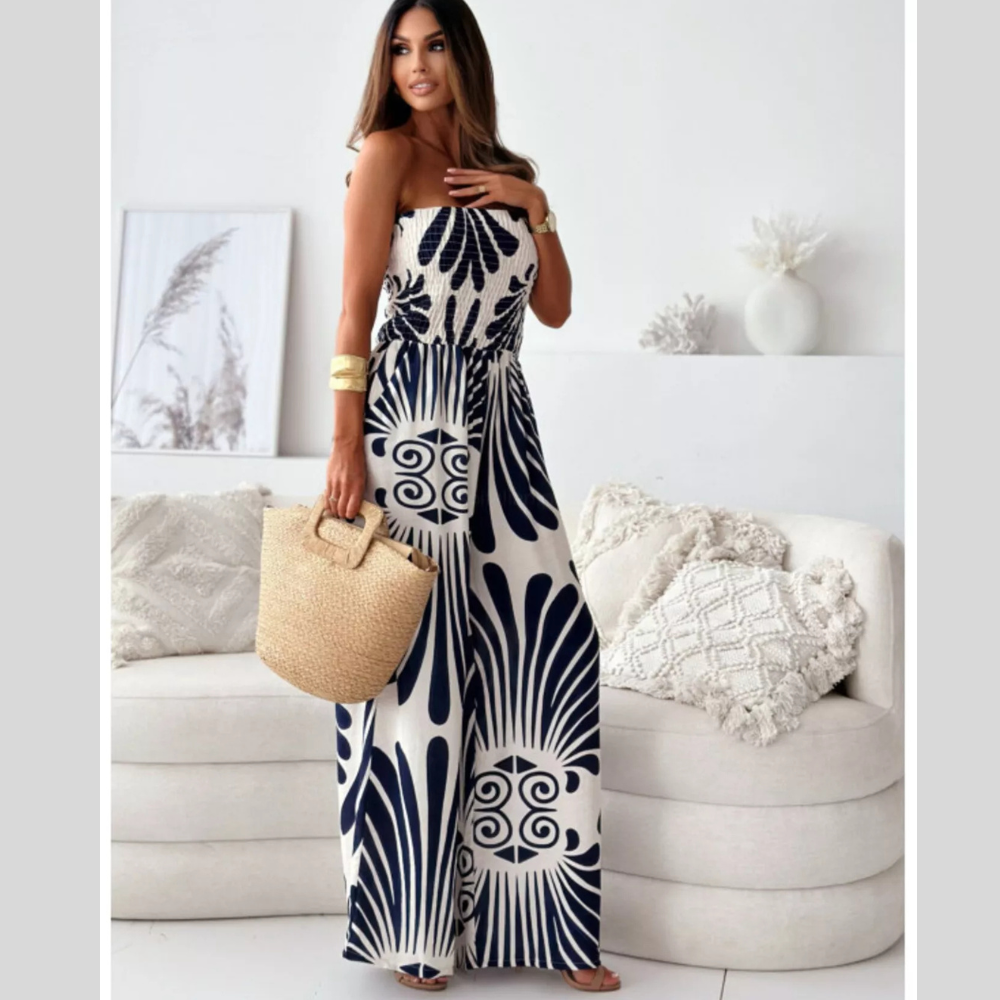 Printed Strapless Wide-Leg Jumpsuit