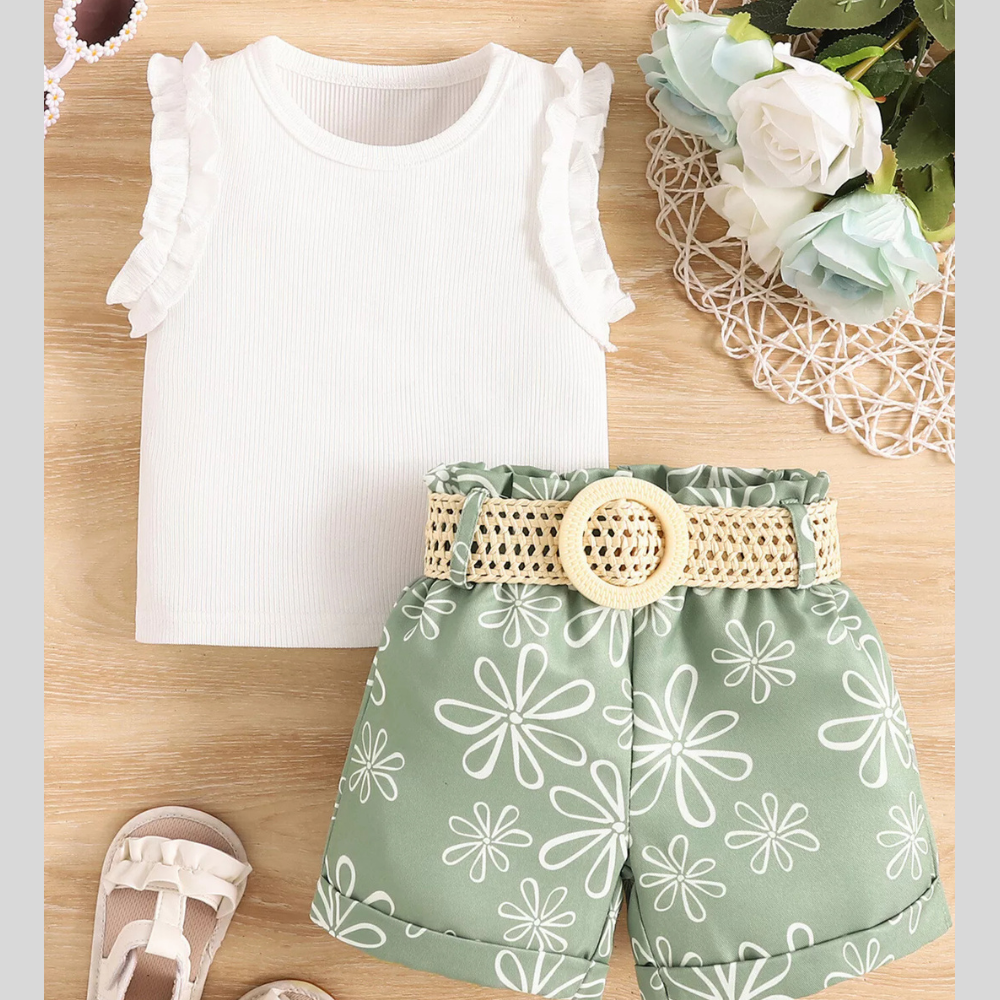 Children's Frill Sleeveless Top and Belt Shorts Set