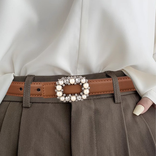 Pearl Buckle Leather Belt