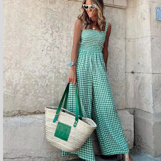 Gingham Smocked Wide-Leg Jumpsuit