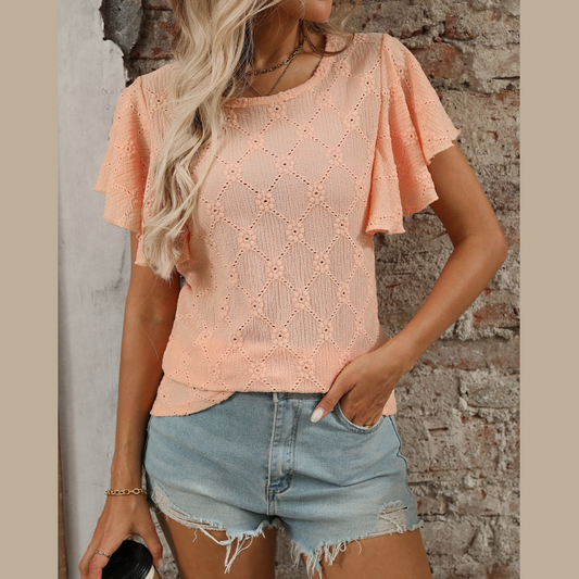 Eyelet Round Neck Flutter Sleeve Top