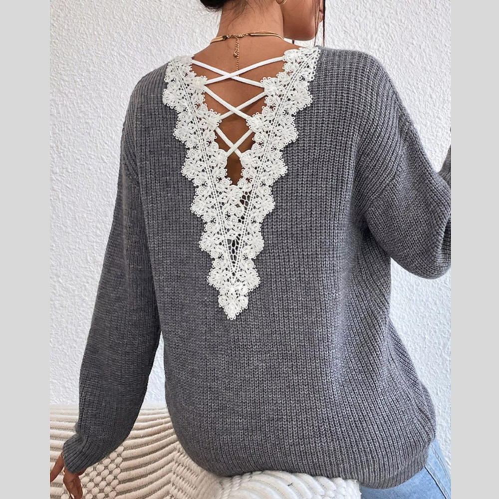 Lace-Trimmed Back V-Neck Sweater