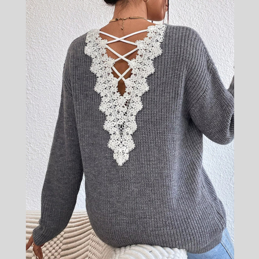 Lace-Trimmed Back V-Neck Sweater