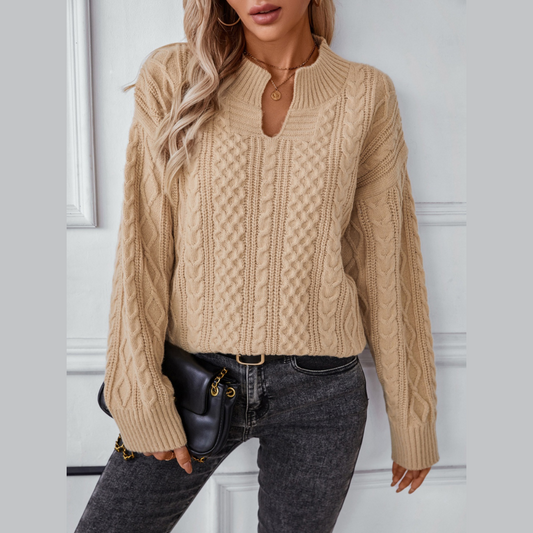 Cable-Knit Notched Long Sleeve Sweater