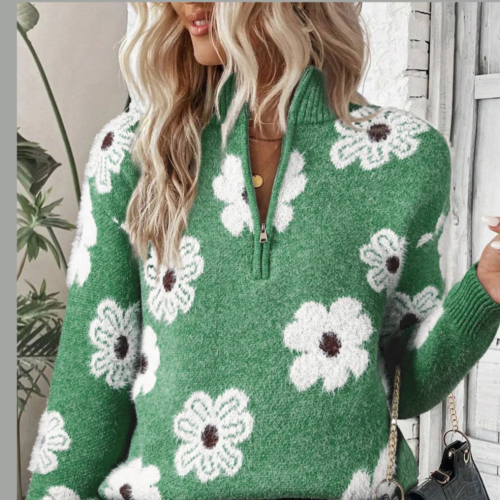 Flower Half Zip Long Sleeve Sweater