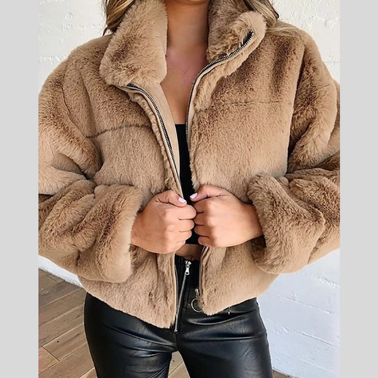 Full Size Faux Fur Cropped Zip-Up Jacket Plus Size