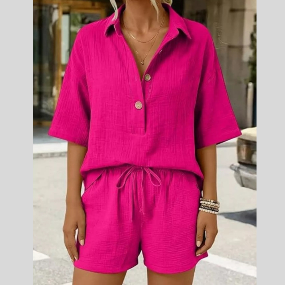 Linen Button Front Short Sleeve Top and Shorts Set