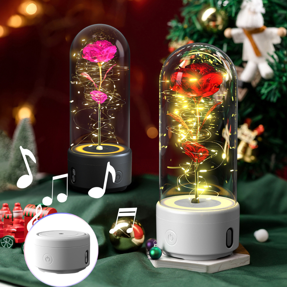 Creative 2 In 1 Rose Flowers LED Light And Bluetooth-compatible Speaker Valentine's Day Gift Rose Luminous Night Light Ornament In Glass Cover