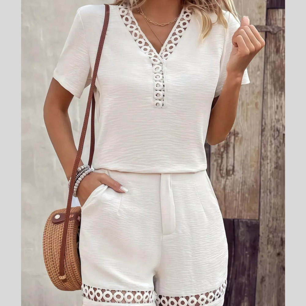 Lace Trim Short Sleeve Top and Shorts Set