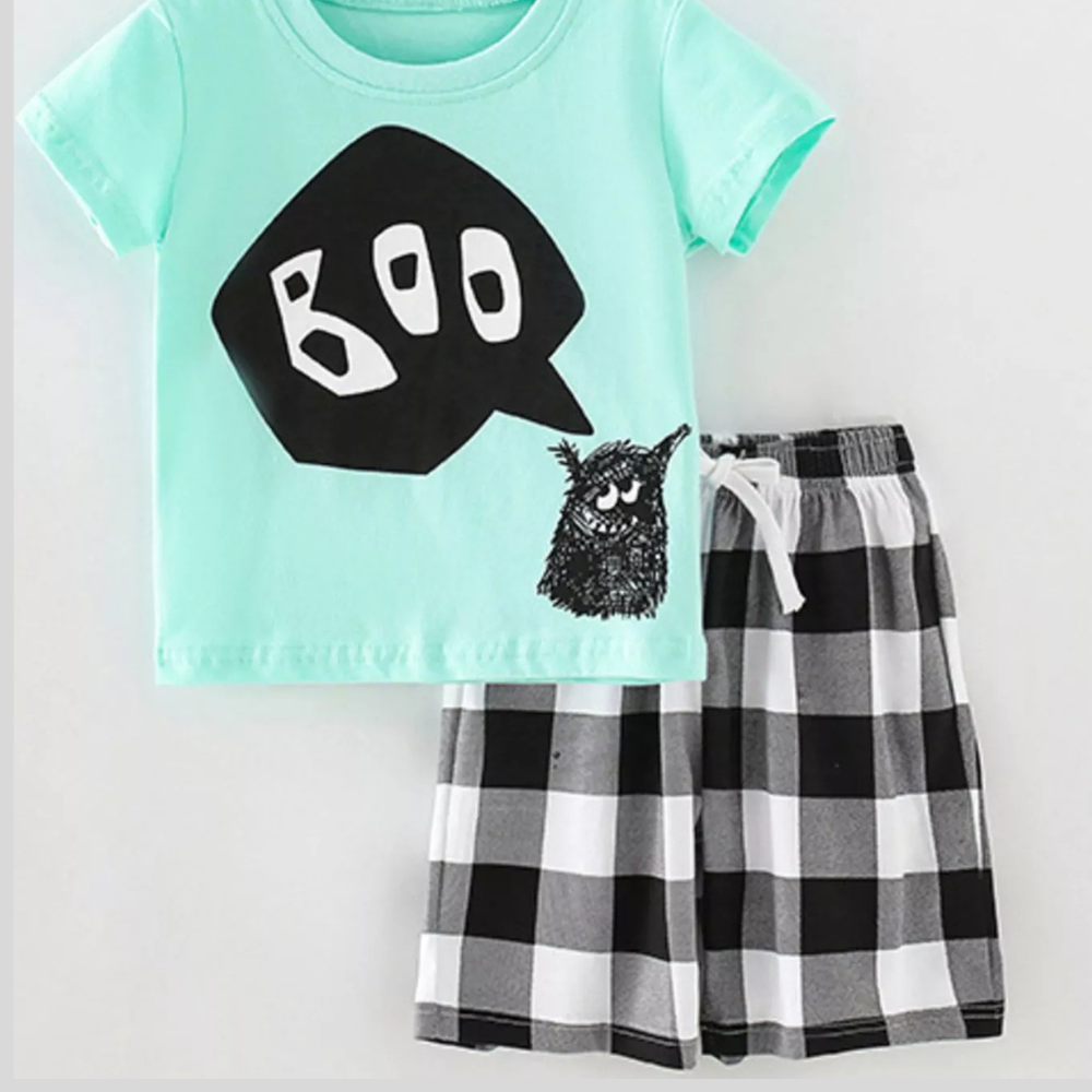 Children's BOO Monster Graphic T-shirt and Plaid Shorts Set