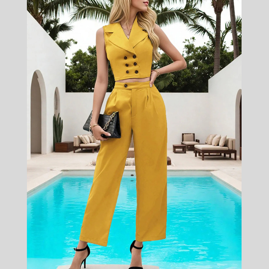 Sleeveless Blazer and Wide Leg Pants Two Piece Set