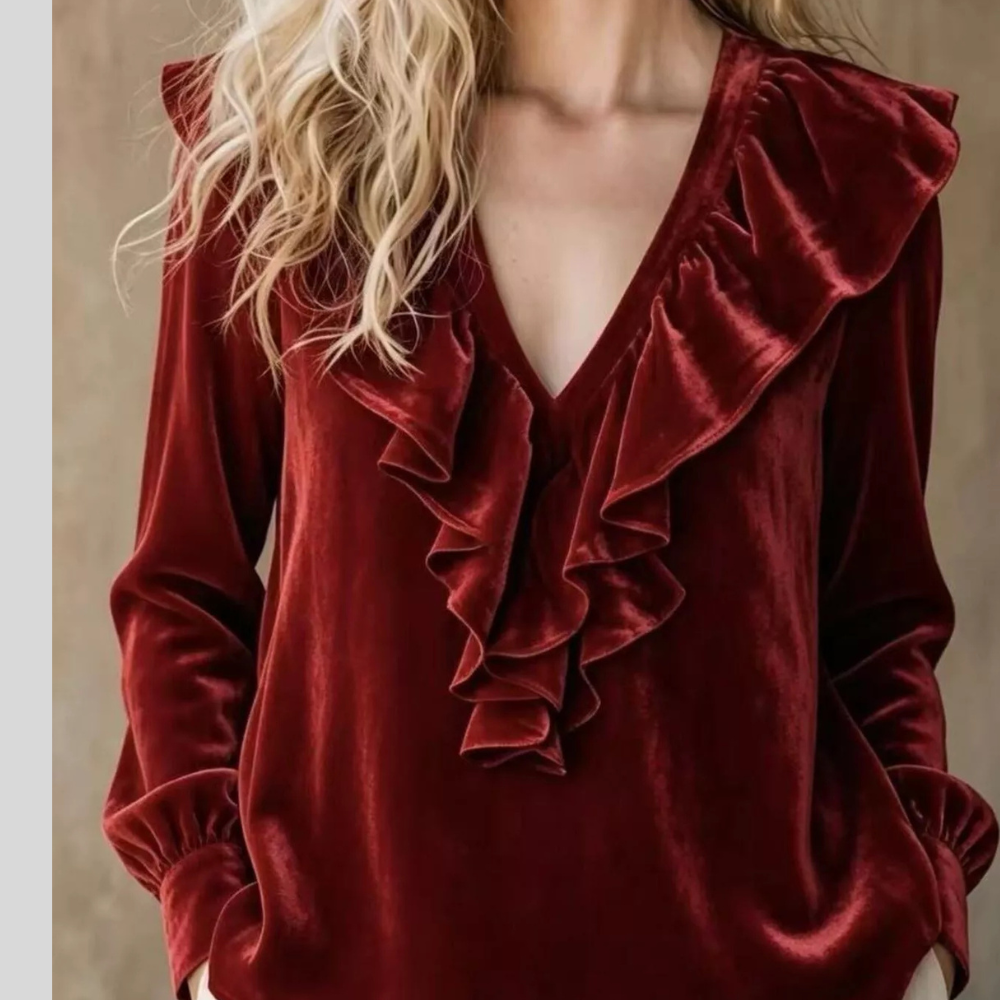 Full Size Plus Size Ruffled V-Neck Long Sleeve Blouse