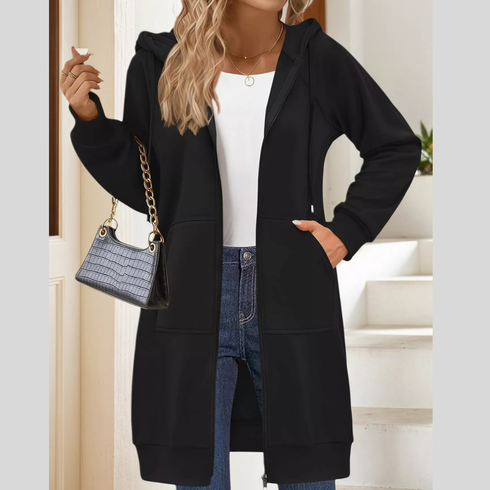 Casual Longline Zip-Up Hooded Outerwear