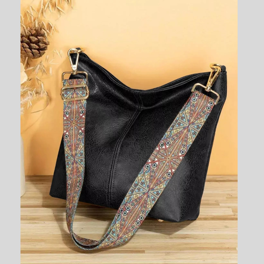 PU Leather Crossbody Bag with Patterned Strap