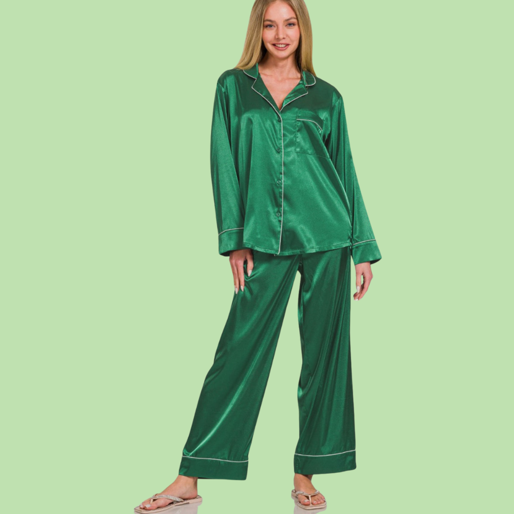 Zenana Satin Long Sleeve Shirt and Pants Pajama Set Green